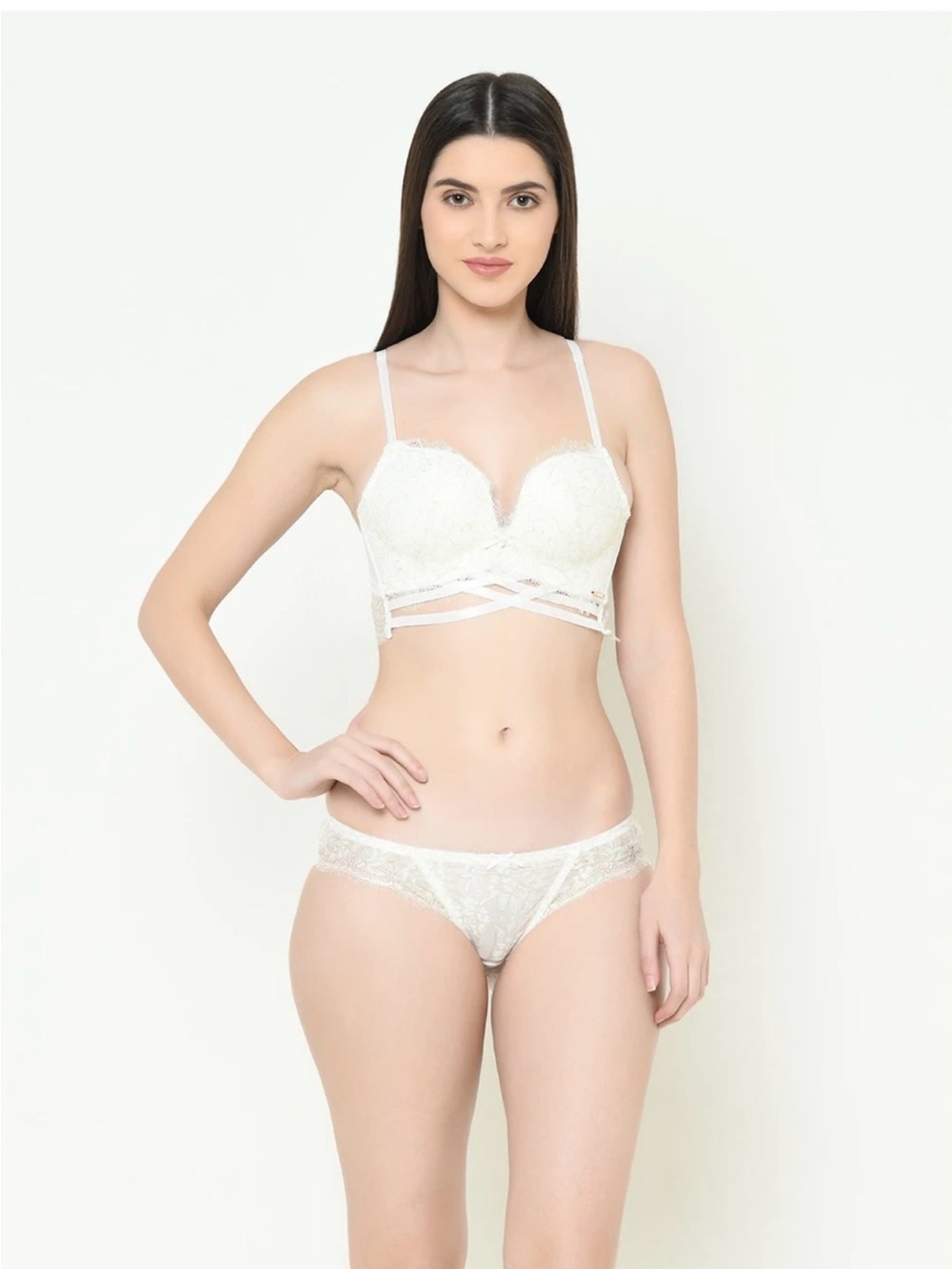 Lace Longline Bralette and Bikini Set - White